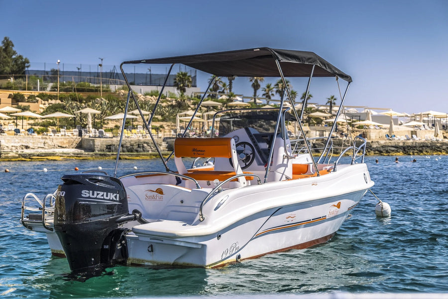 Blumax 19 Pro 6-seater self-drive boat with Suzuki 100 HP engine in St George's Bay, St Julian's, Malta