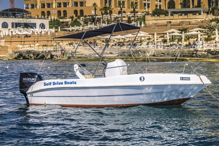 Marinello 7-seater self-drive boat with sun canopy, 115 HP engine, in St Julian's, Malta